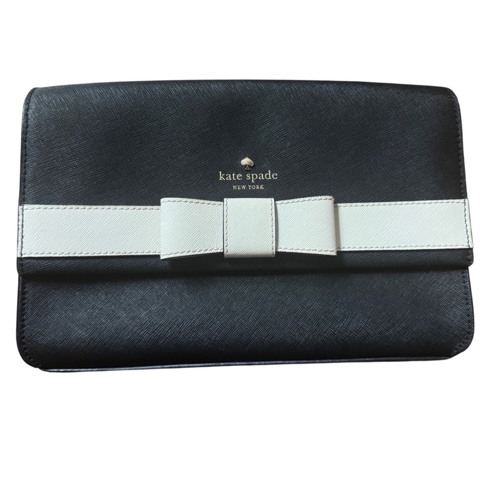 Kate Spade Kirk Park Saffiano Leather Veronique White Bow Black Crossbody Bag